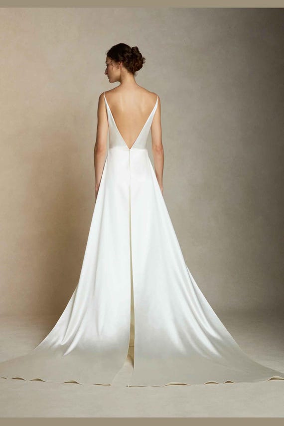 Bridal Elegant Satin Gown With Deep V-back and Flowing Train. Backless  Wedding Dress With Long Detachable Scarf. Reception Ivory Dress. - Etsy  Ireland