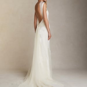 Wedding gown with draped soft tulle. Bridal dress with a square neckline and wide straps. Low back dress with the tie. Custom made dress. image 3