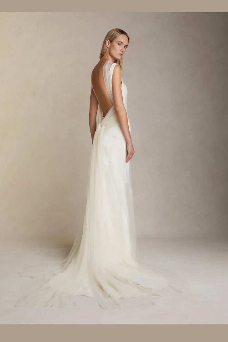 Wedding gown with draped soft tulle. Bridal dress with a square neckline and wide straps. Low back dress with the tie. Custom made dress. image 3