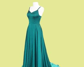 Emerald V neck Bridesmaids satin slip dress. Prom  dress  with slit . Dress for bridesmaid with train. Satin dress for special occasions