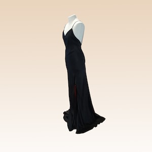 V Neck  Black backless Bridesmaids slip dress. Open low back  satin slip dress. Dress for Reception with leg slit . Custom made prom dress .