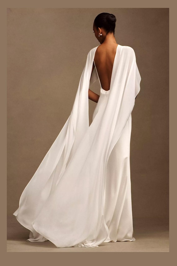 Bridal Luxy Satin V-neck Wedding Gown. Chiffon Cape . Reeption Dress.  Custom Made Dress - Etsy