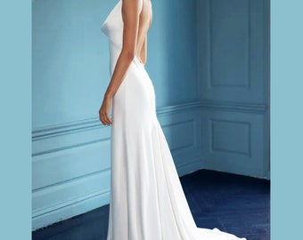 Simple Wedding slip Dress with low back /Backless Simple wedding dress/Cowlneck prom dress /Reception backless ivory dress/