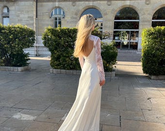 Bridal V neckline Dress with detachable lace long sleeves,  Backless Satin Gown for reception, Custom made lace dress. Church wedding dress