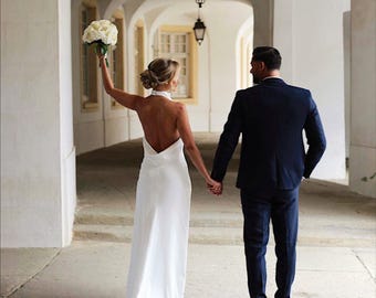 Bridal Halter top high neck dress. Cowl back backless ivory beach wedding gown. Custom made Reception dress.