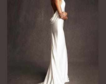 Ivory Halter Neck Wedding Dress: Backless Cowl, Custom Made