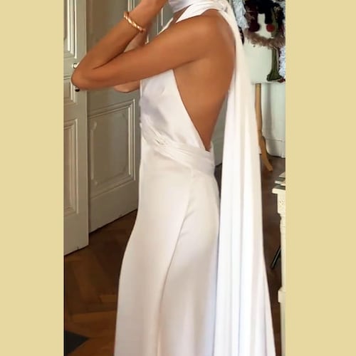 Robe longue de mariage simple dos nu/Robe de mariée hollywoodienne dos bas en V/robe de mariée écharpe amovible/robe de réception dos nu ivoire/