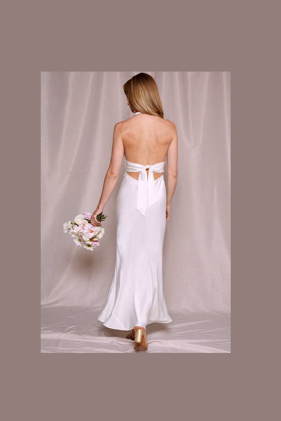 halter open back slip dress Halter Top Ankle Length Dress. Bridle Backless Ivory Beach Slip Dress.  Simple Wedding Open Back. Dress for Reception. Custom Made Dress
