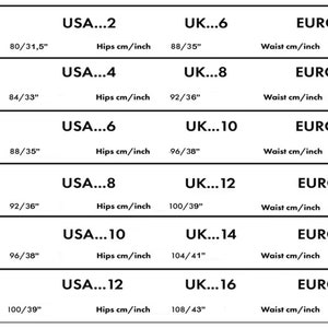 May include: Size chart for clothing with measurements in inches and centimeters. The chart shows sizes for XXS, XS, S, M, L, XL, with corresponding bust, hip, and waist measurements in both inches and centimeters.