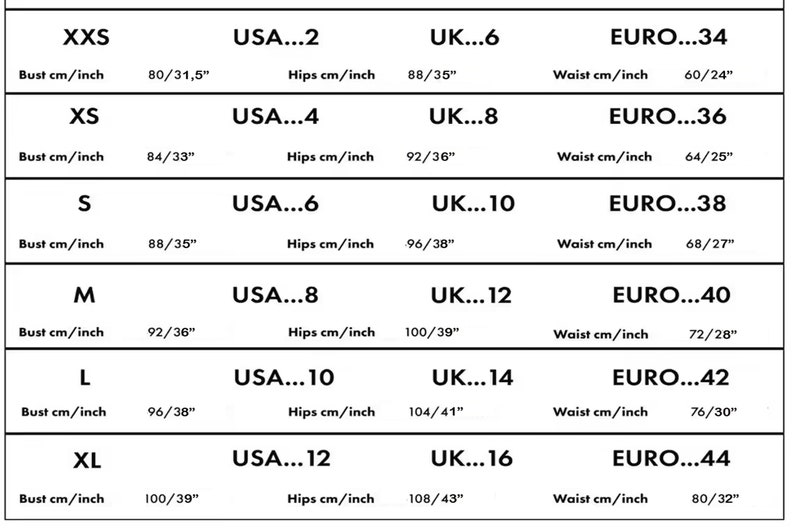 May include: Size chart for clothing with measurements in inches and centimeters. The chart shows sizes for XXS, XS, S, M, L, XL, with corresponding bust, hip, and waist measurements in both inches and centimeters.