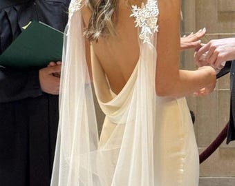Chiffon Long  Bridal  luxury  Cape with lace. Chiffon lace Cape for church. Reсeption lace detail cape. Custom made cape