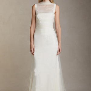 Wedding gown with draped soft tulle. Bridal dress with a square neckline and wide straps. Low back dress with the tie. Custom made dress. image 2