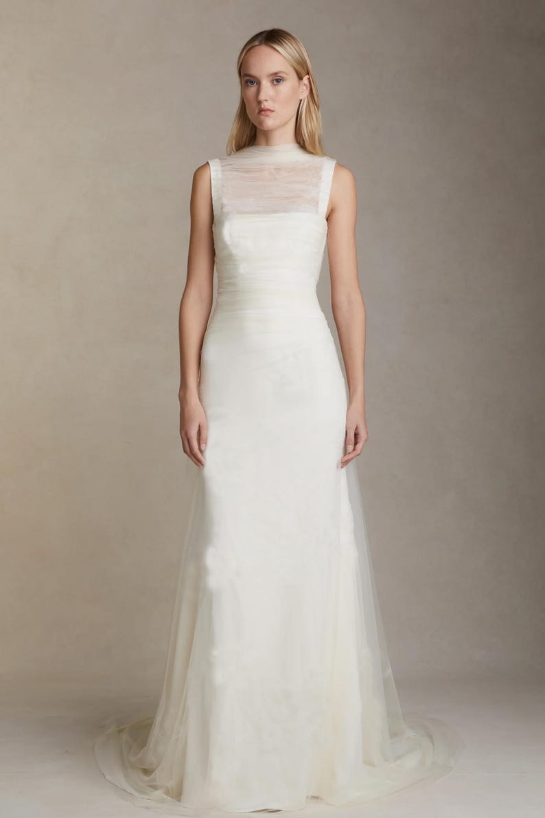 Wedding gown with draped soft tulle. Bridal dress with a square neckline and wide straps. Low back dress with the tie. Custom made dress. image 2