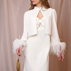 Wedding short  crepe ivory jacket. Reception jacket. Bridal jacket. Custom made jacket. Jacket with feathers on the sleeves. Сhurch jacket.