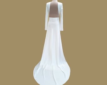 Wediing ivory A-line dress with backless. Custom Wedding crepe simple dress with long sleeves. Bal long dress with open low back