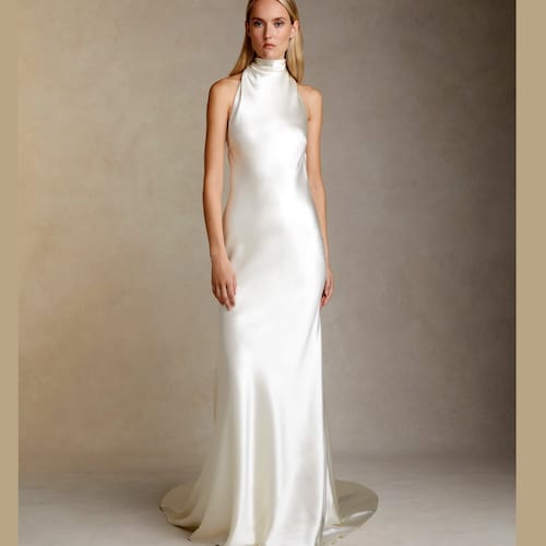 Wedding Dress high neck Halter gown. Spaghetti straps tie closure. Bridle backless ivory Beach dress. Halter top dress. Dress for Reception.