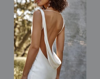 Bridal backless cowl neck dress. Wedding ivory beach gown. Custom made Reception dress.