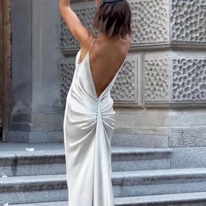 Elegant Backless Bridal Ivory Gown. Wedding reception dress with draped train.Deep back  dress . Vintage wedding slip dress with V neck.