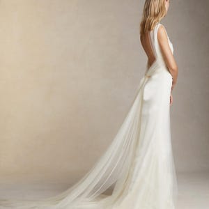 Wedding gown with draped soft tulle. Bridal dress with a square neckline and wide straps. Low back dress with the tie. Custom made dress. image 4