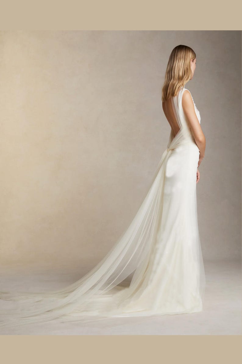 Wedding gown with draped soft tulle. Bridal dress with a square neckline and wide straps. Low back dress with the tie. Custom made dress. image 4