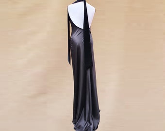 Silk 100% pure black slip dress. Beach slip dress velvet halter top. Halter velvet top bridesmaids dress. Prom pure silk dress.