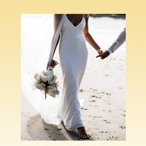 V neck line Simple Bridal Beach slip dress/Backless and V neck Bridesmaids Dress/ Reception Wedding dress/Custom wedding ivory dress .