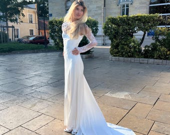 Bridal V neckline Dress with detachable lace long sleeves,  Backless Satin Gown for reception, Custom made lace dress. Church wedding dress