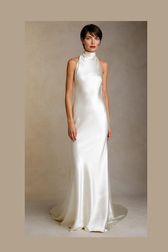 high neck halter top wedding dress Gown - Backless Ivory Spaghetti Straps Tie Closure Bridal Beach Dress. for Reception high neck wedding dress