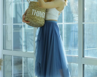 Bridesmaids Blue long tulle skirt. Prom tulle skirt. Simple wedding tulle skirt. Casual tulle skirt. Cocktail  tulle skirt