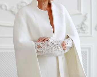 Wedding ivory wool short coat.Jacket for reception. Bridal short coat. Custom made coat. Coat with cape sleeves. Bridal coat for Church.
