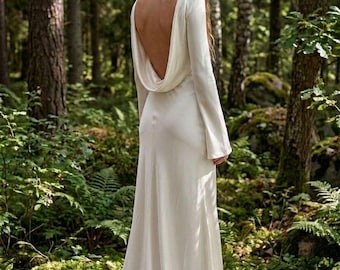 Bridal backless A-line dress. Wedding  simple dress with long sleeves. Bridal dress with deep cowl back. Reception gown