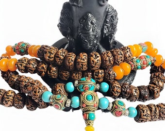 Tibetan Rudraksha Beads With Natural Stones, Rudrakshya Hindu Mala, Sacred Shiva Necklace, Rudrakshya With Stones, Handmade Shiva Mala