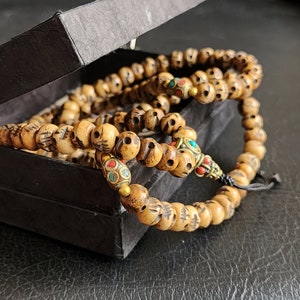 Tibetan Skull Bead Mala Necklace: Hand-Carved Bone Prayer Beads