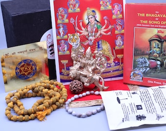 Om Durga Divine Gift Box - Ma Durga Necklace And Bracelet, Brass Durga Statue, Durga Yantra, Bhagavat Geeta| Hindu Deity Spiritual Gift Idea