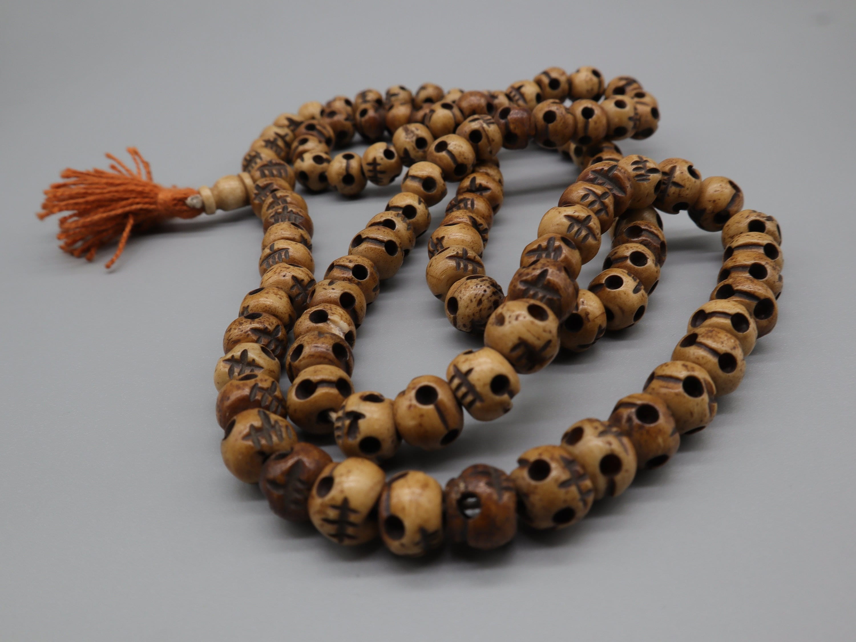 Tibetan Hand Carved Skull Beads, Kali Skull Mala, Skull Mala, 108 Beads Brown Prayer Beads, Meditation, Yoga, Handmade Skull Beads necklace