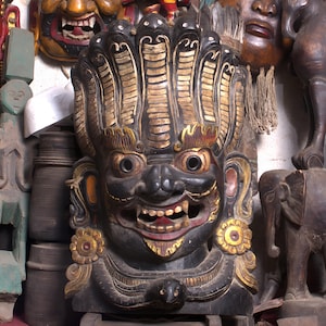 Large Naag Bhairav Wood Mask: Nepalese Hand-Carved Wall Art