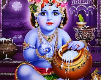 Little Krishna Digital Wall Poster | Playful Baby Krishna Stealing Butter Art | Hindu Deity Instant Download Poster for Shrine Deccor