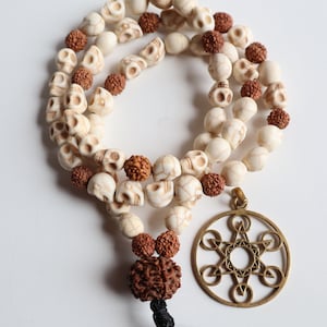 Om Kali Mala: Howlite Skull & Rudraksha Seed Necklace
