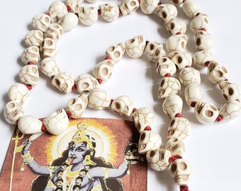 Sacred Kali Mala Necklace – Prosperity & Creativity with Natural Howlite Stone – 54+1 Beads Skull Mala Meditation Rosary, Sacred Mala