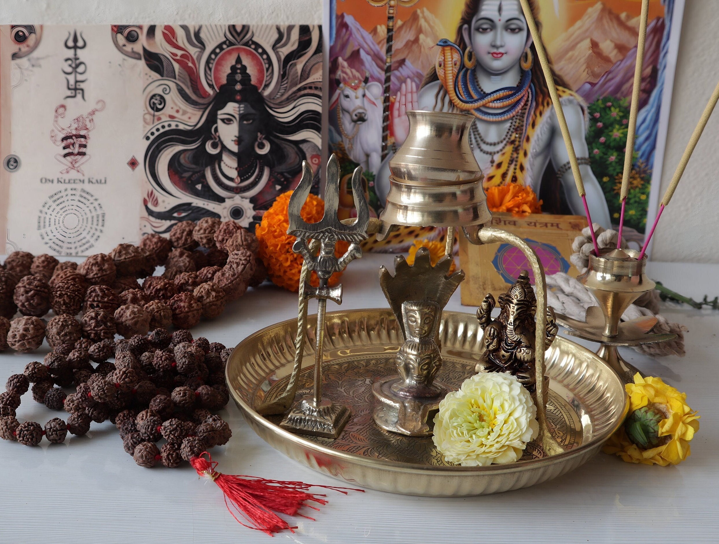 Lord Shiva Divine Puja Set: Brass Idol, Rudraksha Mala, Trishul