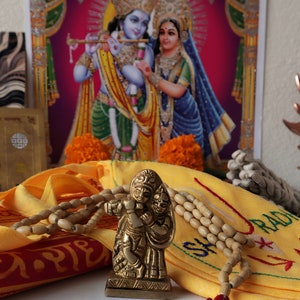 Radha Krishna Worship Set: Brass Idol, Tulsi Mala, Yantra