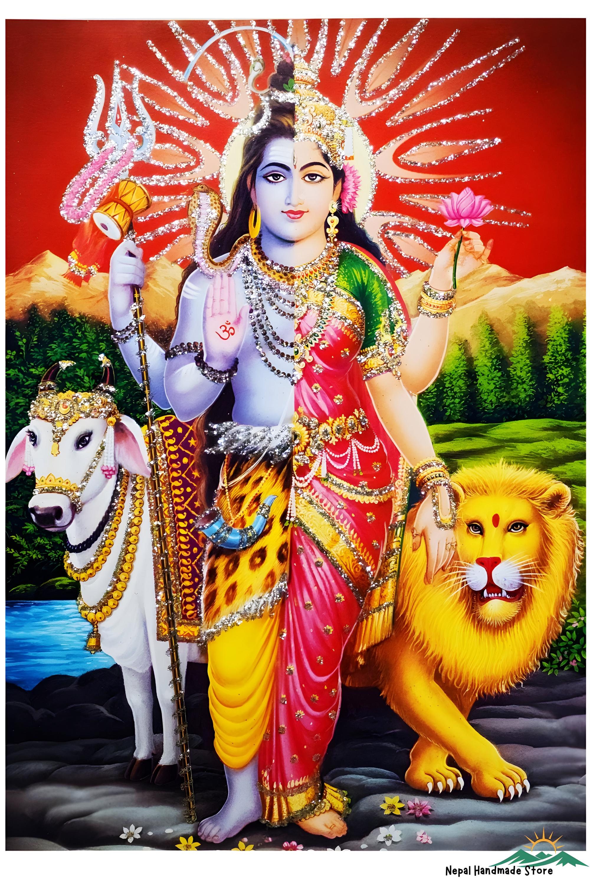 Ardhanarishvara: Forma compuesta de Shiva y Parvati, unión de las energías masculina y femenina