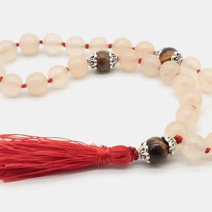 Rose Pocket Mala | Mini 27 Beads Rose Quartz And Tiger Eye Japa Mala | Evil Eye Protection Jewelry | Love, Calmness, Balance And Meditation