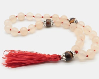 Rose Pocket Mala | Mini 27 Beads Rose Quartz And Tiger Eye Japa Mala | Evil Eye Protection Jewelry | Love, Calmness, Balance And Meditation