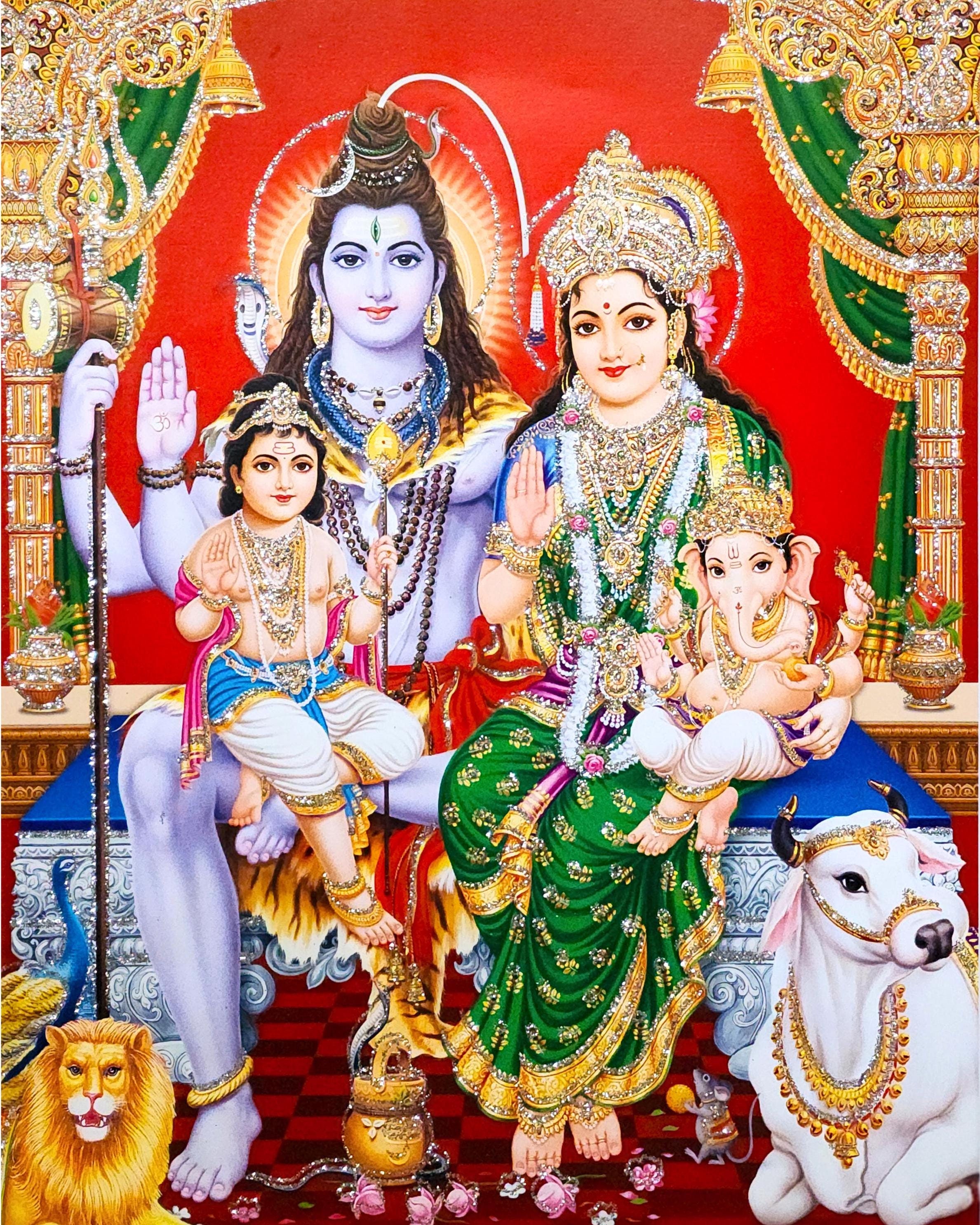 Shiva, Parvati, Ganesh And Kartikeya Digital Wall Art | Divine Hindu Deities Poster for Home Decor, Meditation, Digital Cultural Wall Art