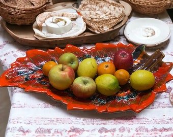 FRANCE VALLAURIS grand plat présentation feuille barbotine céramique marron orange coupe fruit campagne