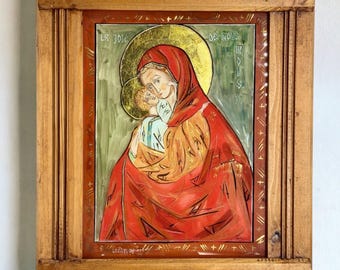 Antique Reverse Glass Painting Madonna and Child, Catholic Wall Art, Virgin Mary Vintage Religious Artwork