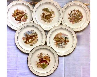 Six assiettes vintage à dîner porcelaine de limoges France dorées or fin. Dessins de lapin faisan canard Cadeau chasseur gibier