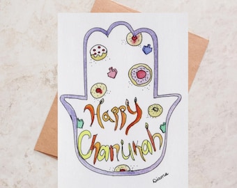 Biglietto di auguri illustrato per Chanukah / Ciambelle e Dreidel