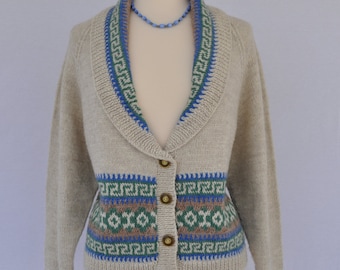 Wool Cardigan/Jacket, Hand Knitted, Fair Isle, Shawl Collar, Beige/Blue/Green